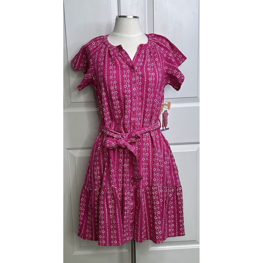Coastal Comfort Tie Waist Dress Flutter Sleeve Button Gauzy Pink White Valentine